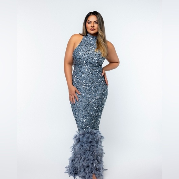 NWT Blue sequined dress with feather trim - Picture 3 of 4